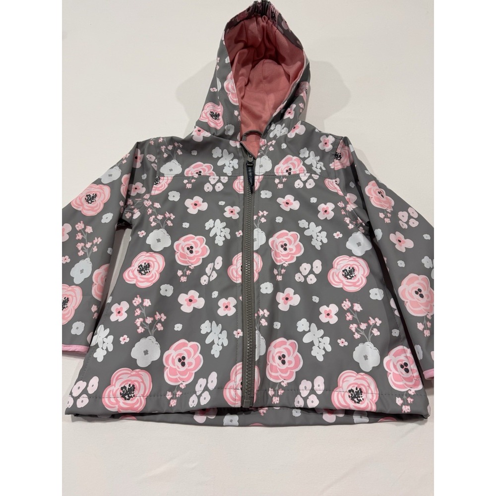 Stephen Joseph Girls Rain Jacket 2T Gray Pink Floral Hooded Water Resistant Coat